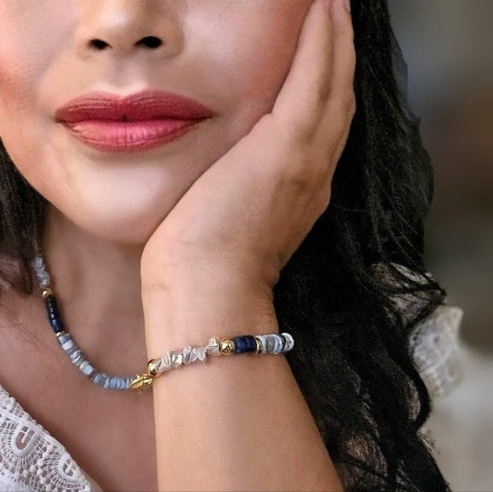 Nature's Blue Opal & Kyanite W/ Keshi Pearls In Statement Gold Plated Bracelet